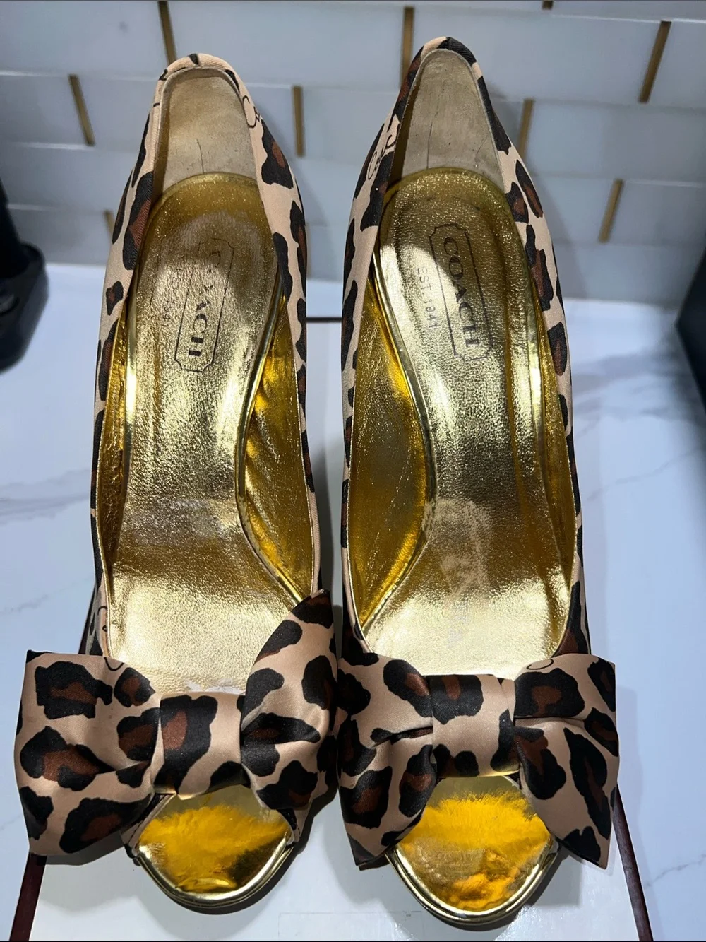 COACH Brown Multi Leopard Peep-Toe Bow Pumps